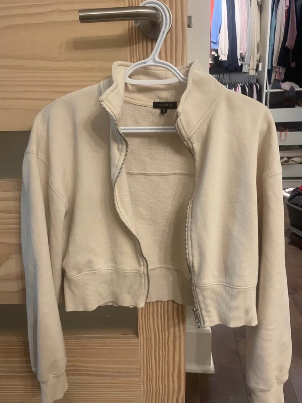 Dynamite Zip-Up Cropped Cream Jacket - medium